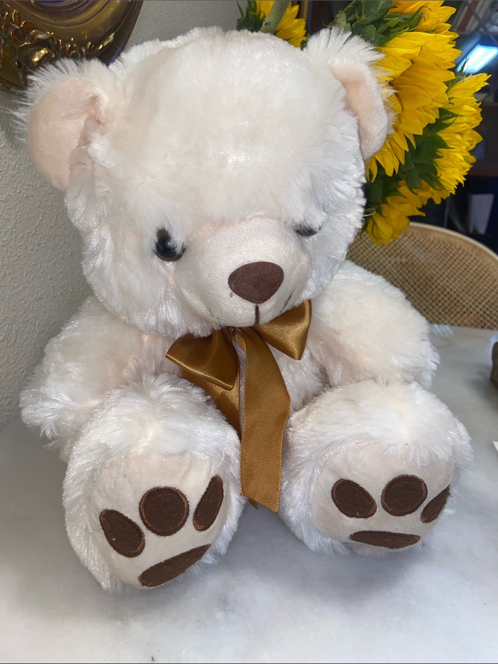 Plush White Teddy Bear with Gold Satin Bow Decorative Accent 3 Up Years Old